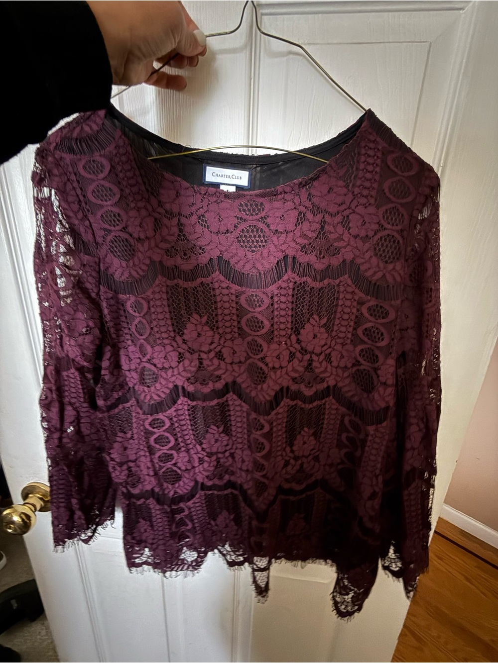 Charter Club Women's Burgundy Lace Long-Sleeve Blouse